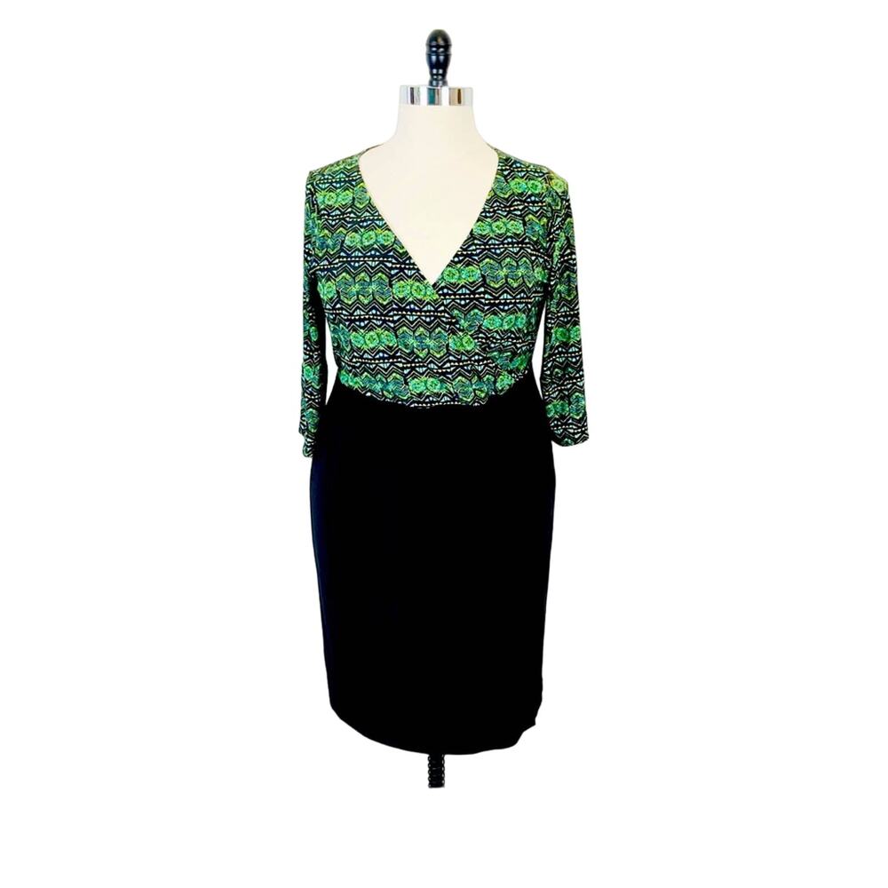Igigi Dress Faux Wrap Green & Black Tribal Design Sexy Career Librarian 14 16